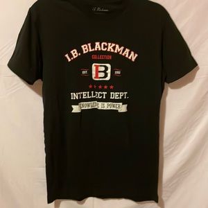 Black shirt-sleeved t-shirt with design on the front.